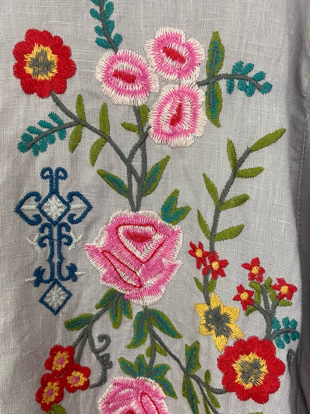 John Mark Patchwork Tunic Blouse XL Boho Embroidered Linen Floral Pockets - Picture 3 of 11